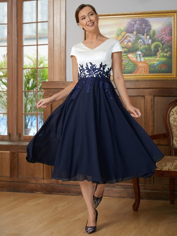 Wholesale A-Line/Princess Chiffon Applique V-neck Short Sleeves Tea-Length Mother of the Bride Dresses